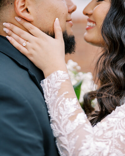 Couple almost kissing wedding portrait