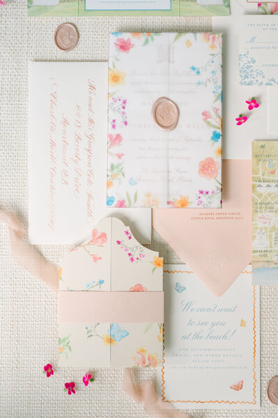Vintage watercolor florals, vellum envelope, hand torn paper
