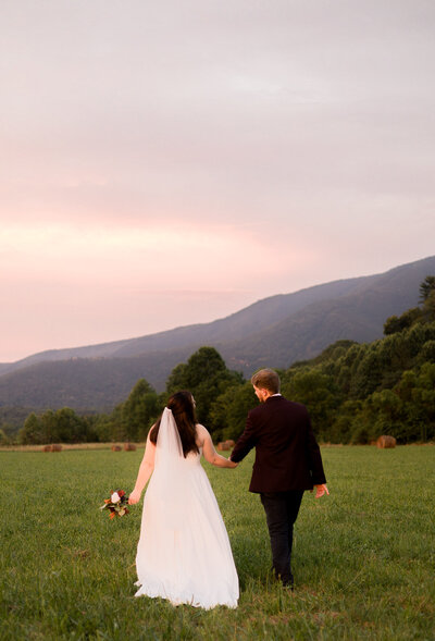 Bride and Groom holding hands in the mountains of north carolina