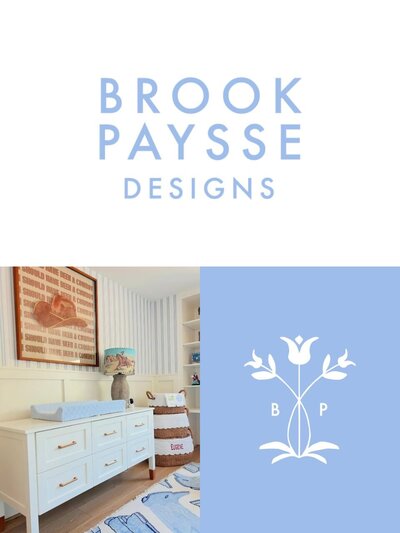 Brook Paysse Designs logotype in periwinkle blue paired with a nursery interior and botanical icon, showcasing how branding lives seamlessly within styled spaces.