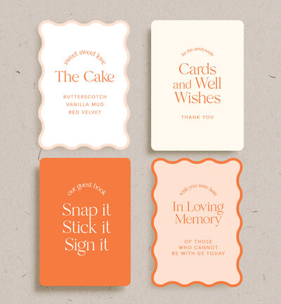 4 options for small signage for your wedding, cake sign, gifts sign, guest bok sign, memory sign