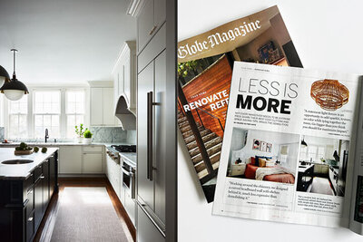 Top interior designers in Boston featured in Boston Globe Magazine. See our modern white kitchen with black island and Allied Maker pendants.