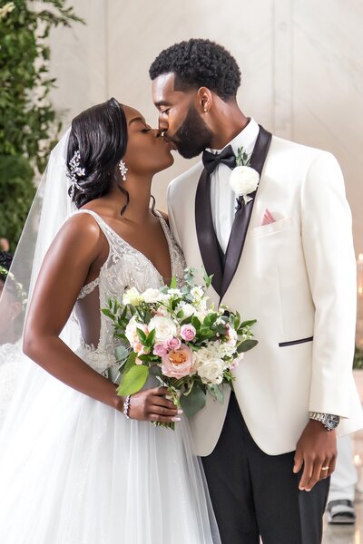 Portrait of Black Wedding Couple at Southern Exchange Ballrooms, wedding photography by Bonnie Blu Studios