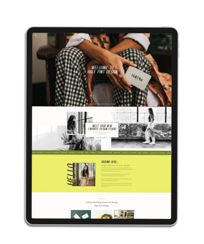 A tablet displays a webpage from "Half Pint Design," a branding website featuring a person in checkered pants holding a welcome card. The site, created with the expertise of a Showit design partner, includes images, a welcome message, and sections about design and crafting.