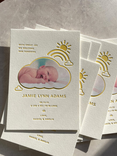 yellow sunshine letterpress birth announcement card with baby photo