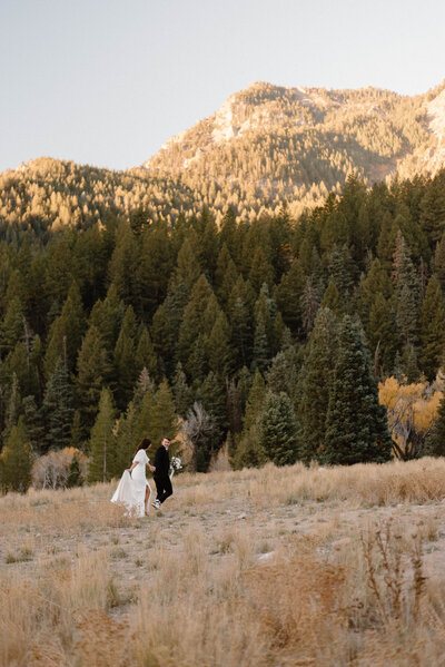 Bridal Couple running across a mountain meadow together