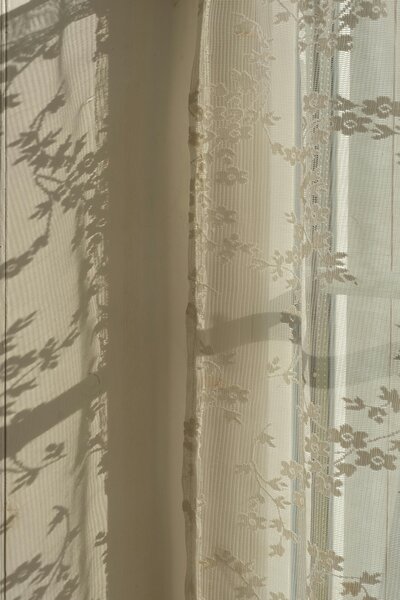 Lace curtain with floral embroidery casting soft shadow on wall | Rooted Within thoughtful environment