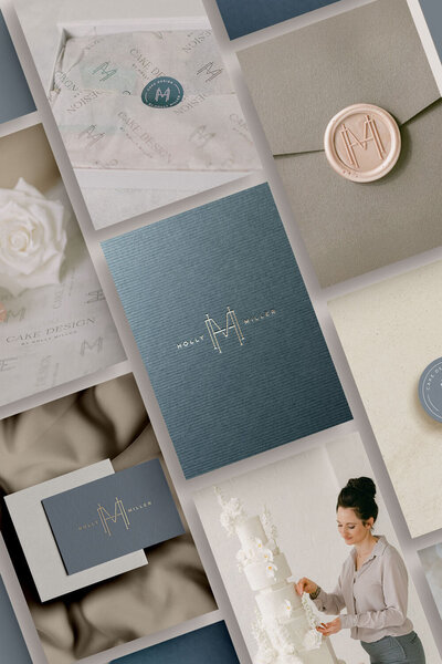 Collage of brand elements for Cake Design by Holly Miller, showcasing logo, monogram, colour palette and printed assets