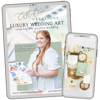 Electronic devices showing opt-in for free wedding art resource download, encouraging inspiration from E Stokes Creations