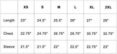 Trash Hoodie Size Chart