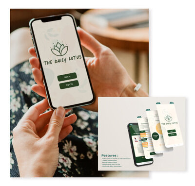 App design mockup on a cell phone that a woman is holding