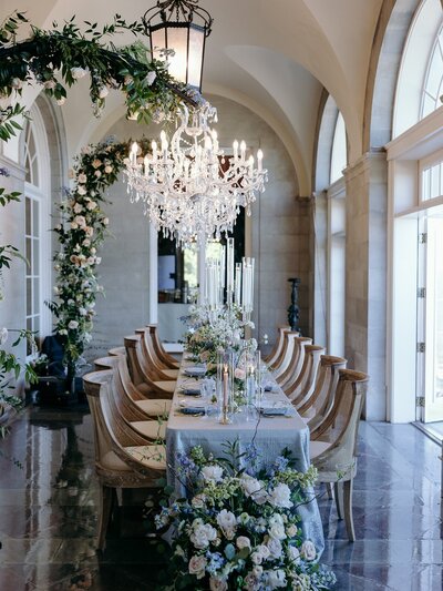 Vermont Wedding Photographer | Stunning Historic Mansion Wedding At Aldrich Mansion in Newport RI tablescape with  dusty blue design and wood chairs