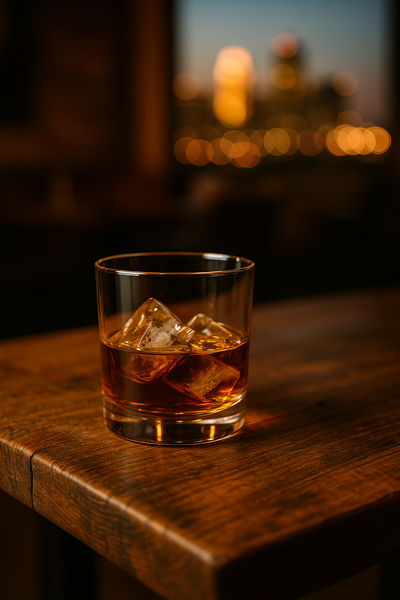 A close-up of a whiskey glass on a wooden bar table, symbolizing sophistication, confidence, and authentic lifestyle dating photos in Minneapolis.