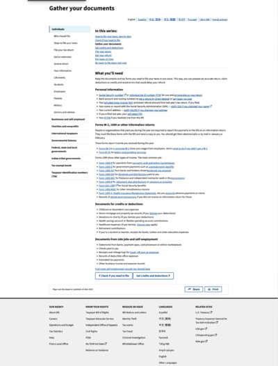 Screenshot of the IRS Tax Checlist