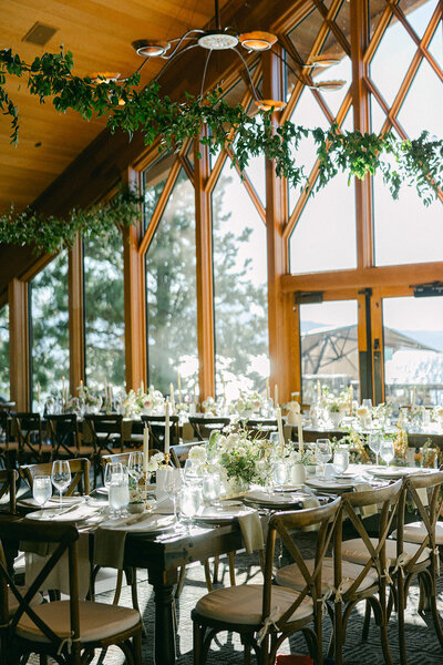 A floral filled wedding reception room at Edgewood Lake Tahoe.