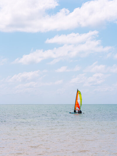 Sailboat in the ocean with blue sky background