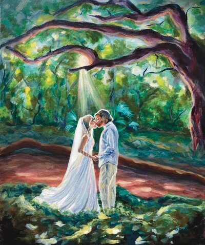semi-realistic painting of a bride and grooms first kiss illuminated by light through the trees of a dense Maui jungle.