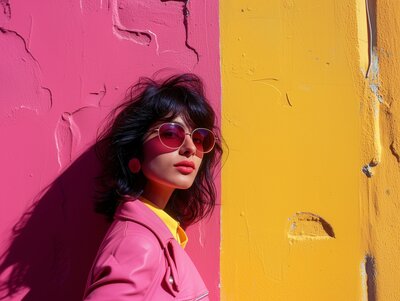 Chic lady with big sunglasses and bright pink jacket on a Contrasted backdrop of pink and yellow in Sunlit Hues