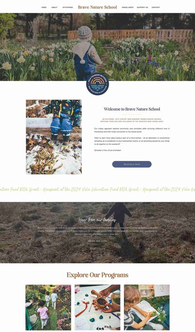 Website design for Brave Nature School, showcasing a vibrant children's garden theme with playful colors and engaging visuals