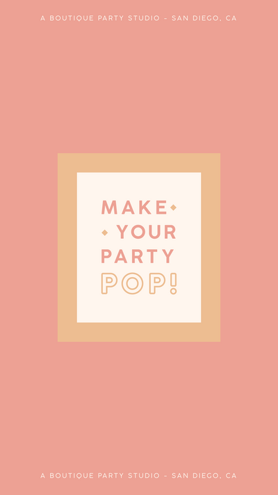 Gather & Pop make your party pop tagline on a white square with an orange border on a pink background
