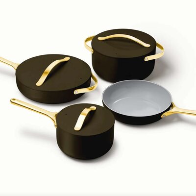 caraway ceramic cookware in black and gold