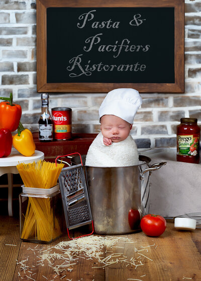 Charming pasta-themed milestone photography session in Lenexa, Kansas. A creative choice for parents seeking unique baby photographers near Overland Park.