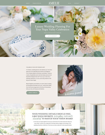 Visual example (screenshot) of a premium showit website design for a wedding planner with the main colors of light green, tan and white