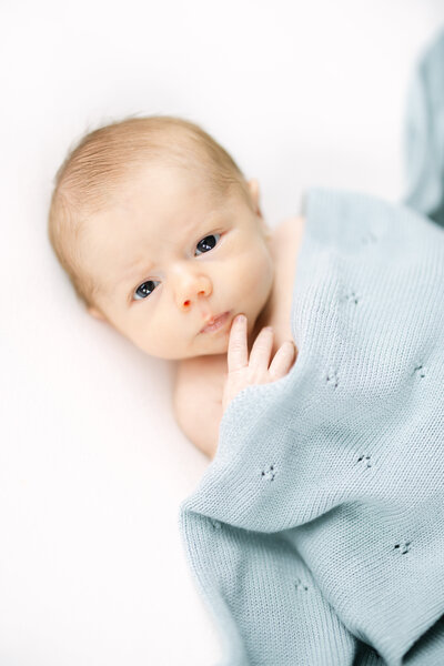 closeup photograph of a newborn's little toes, laying on a white blanket with white backdrop