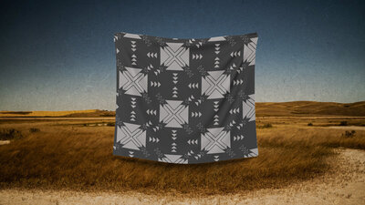 Rural landscape with mockup of Navajo brand pattern on bandana mockup.