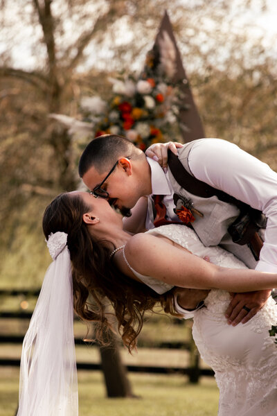 Veil shot - bride and groom kissing