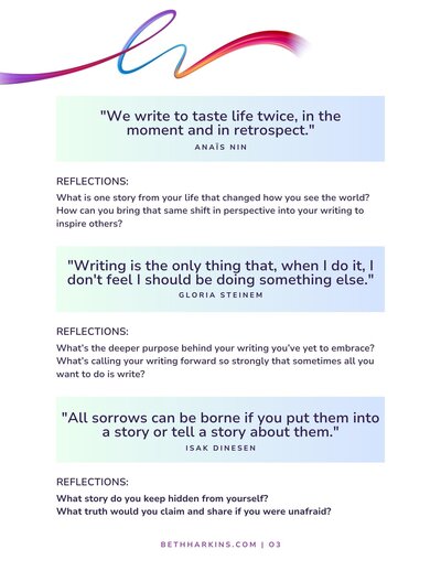 Page 2 of Beth Harkins, author, handout with self reflective questions hidden partially behind the cover.