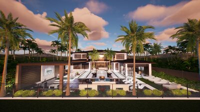 Tropical backyard with sunken firepit and pool with acrylic panel.