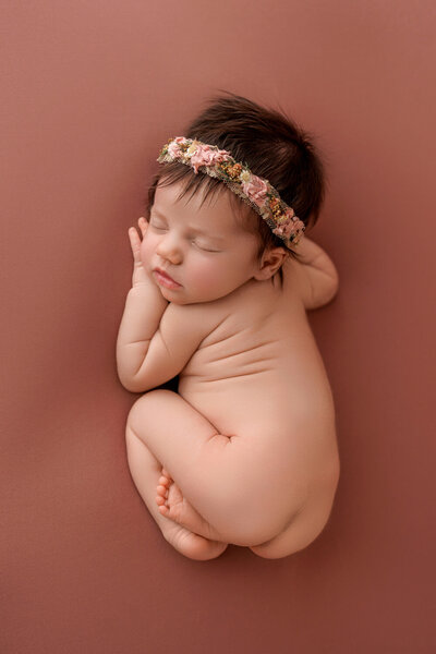 A newborn baby is peacefully sleeping, curled up on a soft, dusty rose-colored background. The baby is naked, showcasing their delicate, natural form with adorable baby rolls. A floral headband with pink and green flowers adorns the baby's head, adding a touch of sweetness to the serene scene. The baby's tiny hands are gently placed near their face, and their expression is calm and content, creating a heartwarming and tender portrait.