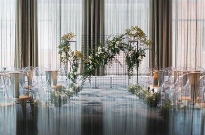 Modern wedding ceremony setup and JW Marriott Ice District