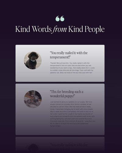 A graphic that says "Kind Word from Kind People" and features testimonials screenshots from past puppy owners of Classic Canines