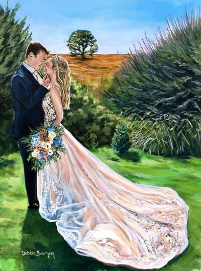 Live wedding painting of a first look at Emerald Pines in Iverson