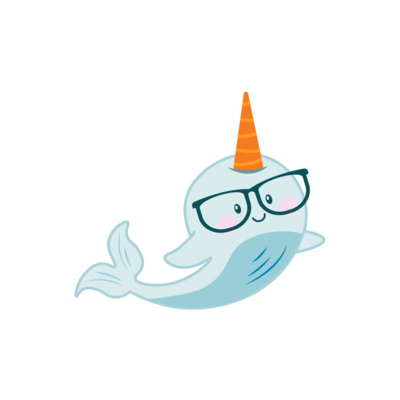 Cute illustration graphic of a narwhal wearing glasses