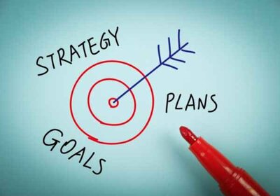 Drawing of a target with a bullseye, and strategy, online business plans and goals around the outside of the target.