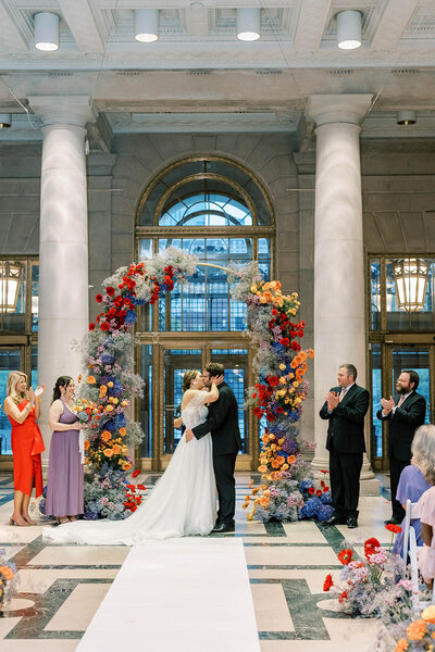 Contemporary, artful, and colorful fall wedding at a Historic Library with a Roof Terrace Overlooking the City with Shannon Wellington wedding planner and designer | The Free Library of Philadelphia | Philadelphia PA | Denise Marie Photography | Editorial Wedding Photographer based in Philadelphia PA