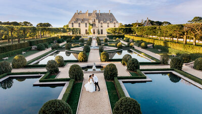 Drone shot of a wedding portrait at Oheka Castle.