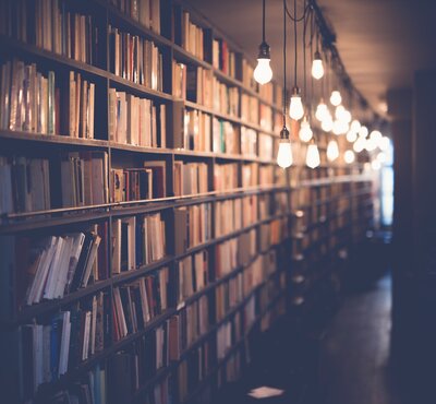 Long shelves full of books with bare lightbulbs hanging in front. Photo by Janko Ferlic via Unsplash.