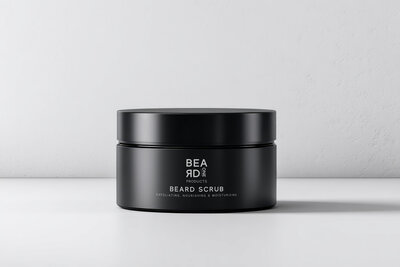 Black jar of Beard One Products beard scrub on a white background