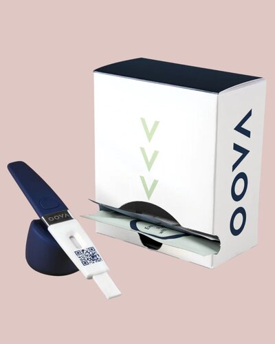 Urine Hormone Testing with Oova on pink background