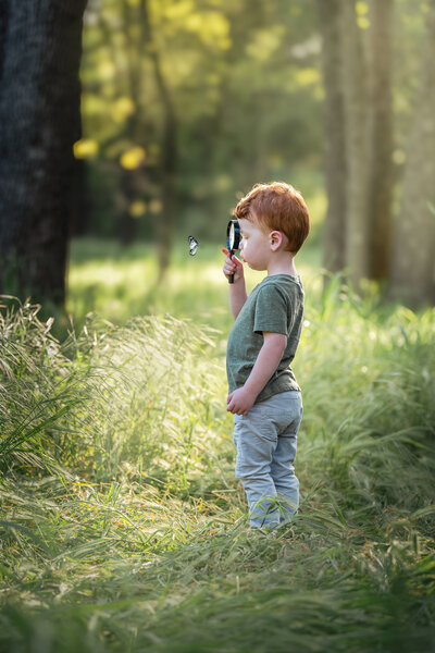 photo of toddler holding magnifying glass looking at a butterfly during spring