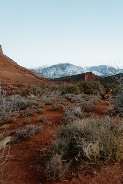 A photo of red sand in castle valley Utah facing towards the snowy la sal mountains.