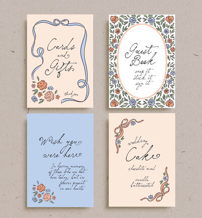4 options for small signage for your wedding, cake sign, gifts sign, guest bok sign, memory sign