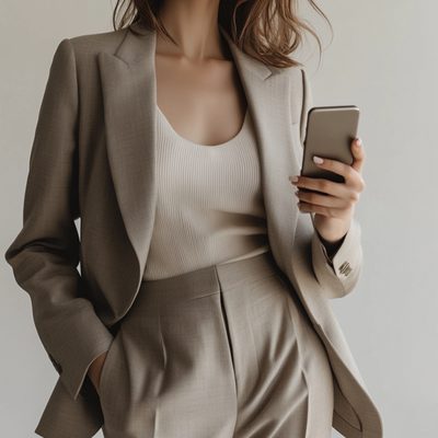 Nahaufnahme einer stilvoll gekleideten Frau in einem beigefarbenen Business-Outfit, die ein Smartphone hält. Symbolisiert digitale Lösungen und professionelle Unterstützung für Coaches und Therapeutinnen.