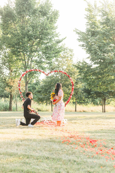 proposal photo of man proposing to his girlfriend with heart decor in a park