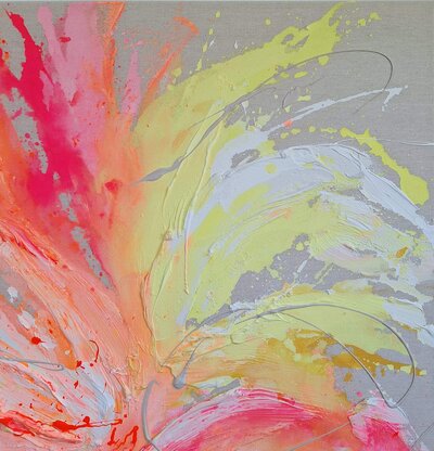 Detail Aufnahme von Blooming. Das Bild lässt deinen Raum strahlen mit Pink-, Orange- und Gelbtönen.