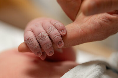 Close-up of newborn’s tiny fingers wrapped around father’s finger